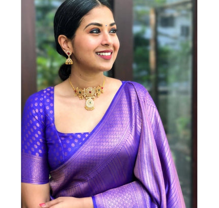 Generic Women's Silk Printed Saree With Unstitched Blouse 5.5Mtr (Blue)