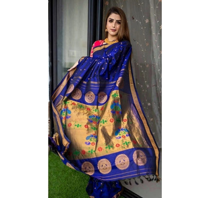 Generic Women's Silk Printed Saree With Unstitched Blouse 5.5Mtr (Blue)