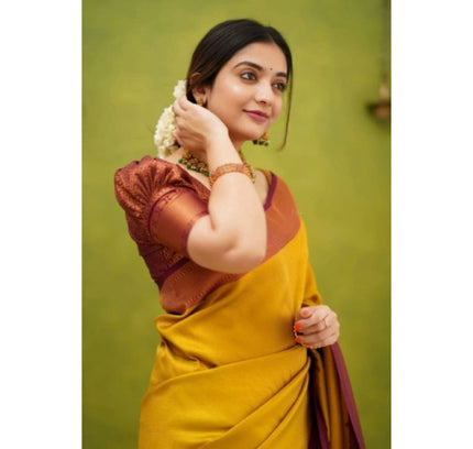 Generic Women's Silk Printed Saree With Unstitched Blouse 5.5Mtr (Yellow)