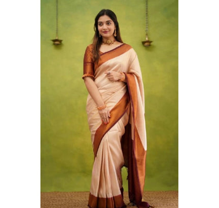 Generic Women's Silk Printed Saree With Unstitched Blouse 5.5Mtr (Cream)