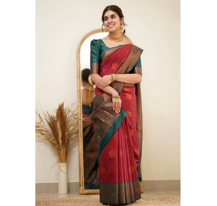 Generic Women's Silk Printed Saree With Unstitched Blouse 5.5Mtr (Red)