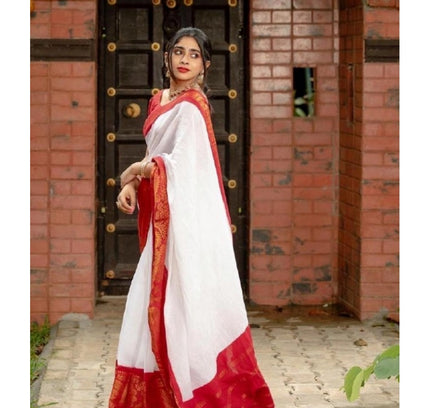 Generic Women's Silk Printed Saree With Unstitched Blouse 5.5Mtr (White)