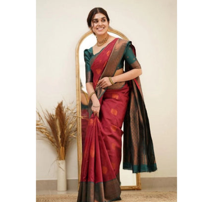 Generic Women's Silk Printed Saree With Unstitched Blouse 5.5Mtr (Red)