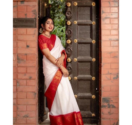 Generic Women's Silk Printed Saree With Unstitched Blouse 5.5Mtr (White)