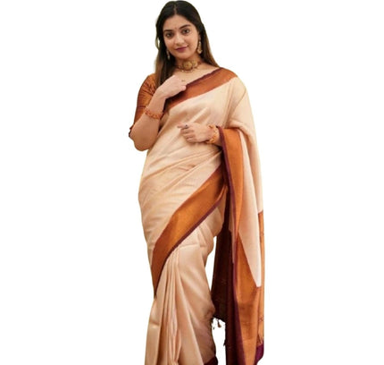 Generic Women's Silk Printed Saree With Unstitched Blouse 5.5Mtr (Cream)