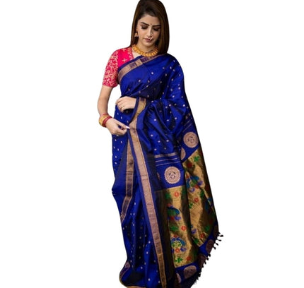 Generic Women's Silk Printed Saree With Unstitched Blouse 5.5Mtr (Blue)