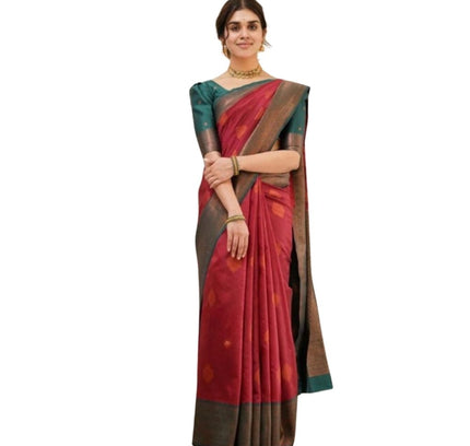 Generic Women's Silk Printed Saree With Unstitched Blouse 5.5Mtr (Red)