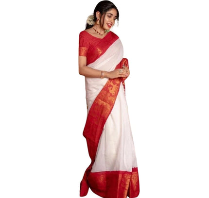 Generic Women's Silk Printed Saree With Unstitched Blouse 5.5Mtr (White)