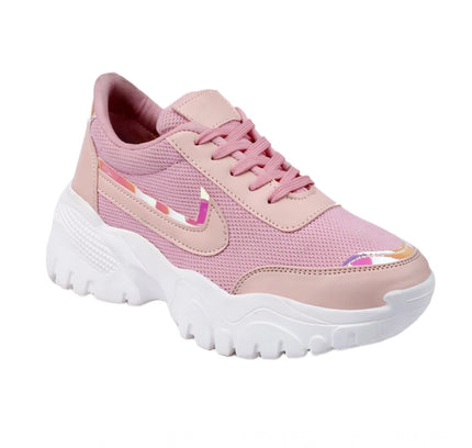 Women's Casual Mesh Printed Lace-Ups Shoes (Pink)
