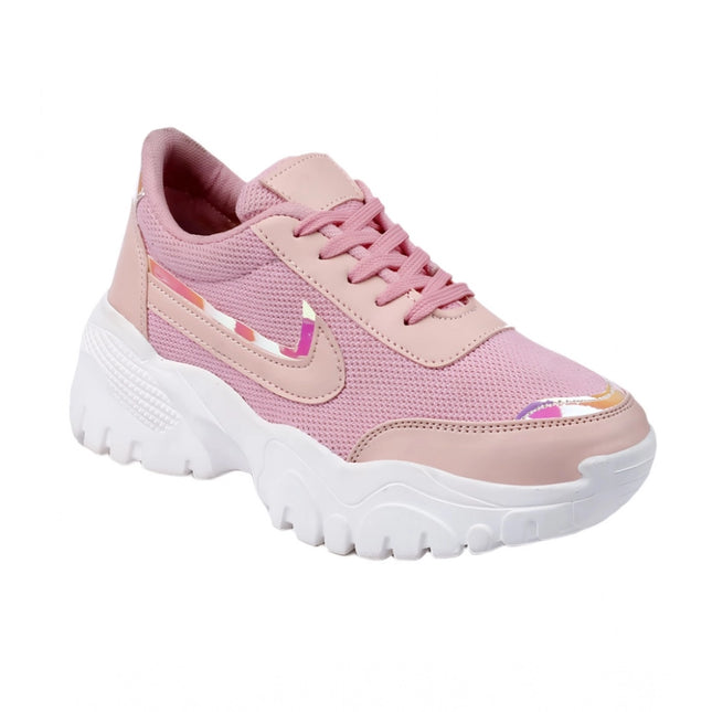 Women's Casual Mesh Printed Lace-Ups Shoes (Pink)