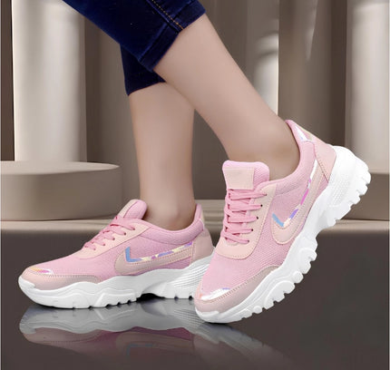 Women's Casual Mesh Printed Lace-Ups Shoes (Pink)