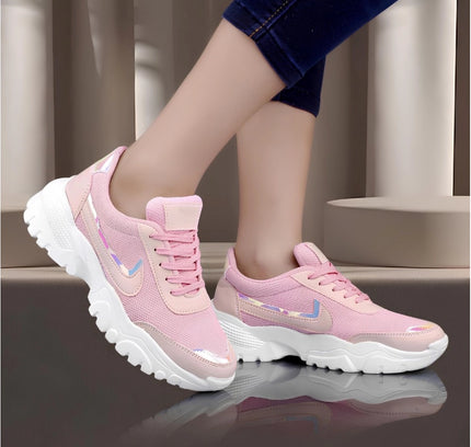 Women's Casual Mesh Printed Lace-Ups Shoes (Pink)