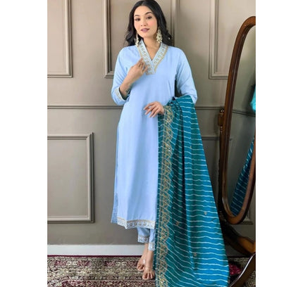 Women's Roman Silk Embroidery 3-4th Sleeve V-Neck Kurti With Pant Dupatta Set (Rama)