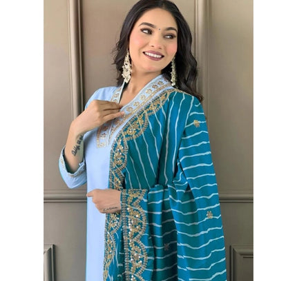 Women's Roman Silk Embroidery 3-4th Sleeve V-Neck Kurti With Pant Dupatta Set (Rama)