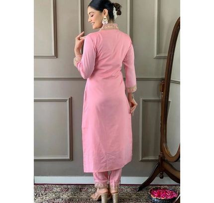 Women's Roman Silk Embroidery 3-4th Sleeve V-Neck Kurti With Pant Dupatta Set (Pink)