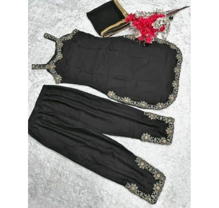 Women's Georgette Embroidery Sleeveless Round Neck Kurti, Palazzo And Dupatta Set (Black)