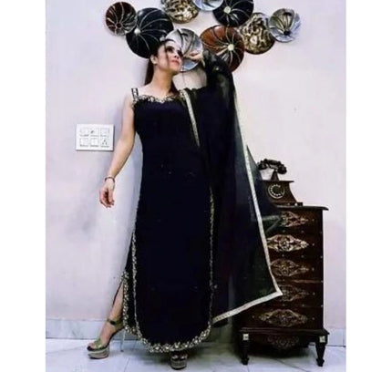 Women's Georgette Embroidery Sleeveless Round Neck Kurti, Palazzo And Dupatta Set (Black)