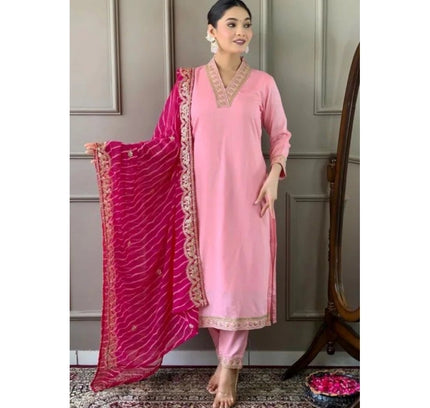 Women's Roman Silk Embroidery 3-4th Sleeve V-Neck Kurti With Pant Dupatta Set (Pink)
