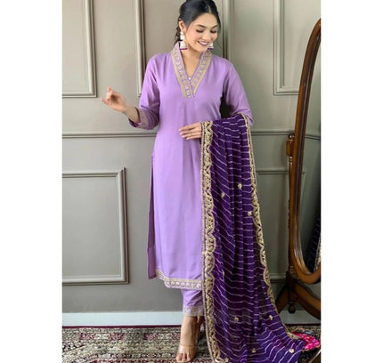 Women's Roman Silk Embroidery 3-4th Sleeve V-Neck Kurti With Pant Dupatta Set (Lavender)