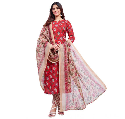 Women's Cotton Blend Printed Kurti With Pant Dupatta Set (Red)
