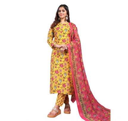 Women's Cotton Blend Printed Kurti With Pant Dupatta Set (Yellow)