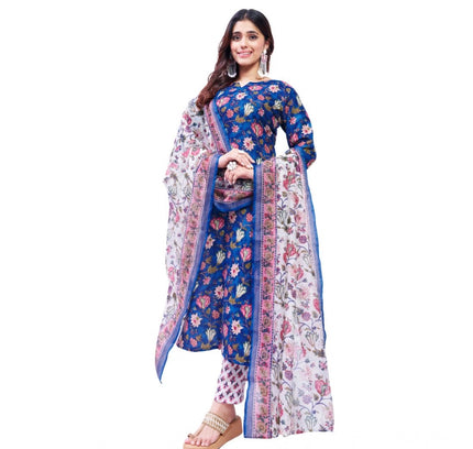 Women's Cotton Blend Printed Kurti With Pant Dupatta Set (Blue)
