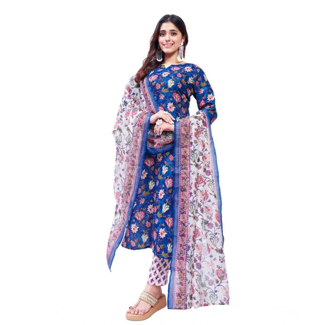 Women's Cotton Blend Printed Kurti With Pant Dupatta Set (Blue)