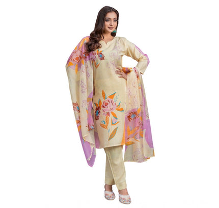 Women's Cotton Blend Printed Kurti With Pant Dupatta Set (Cream)