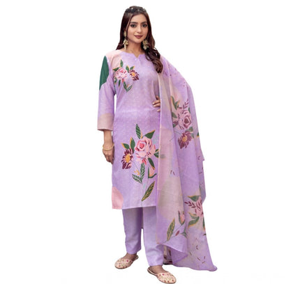Women's Cotton Blend Printed Kurti With Pant Dupatta Set (Lavender)