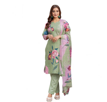 Women's Cotton Blend Printed Kurti With Pant Dupatta Set (Mehendi)