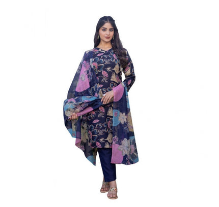 Women's Cotton Blend Printed Kurti With Pant Dupatta Set (NavyBlue)