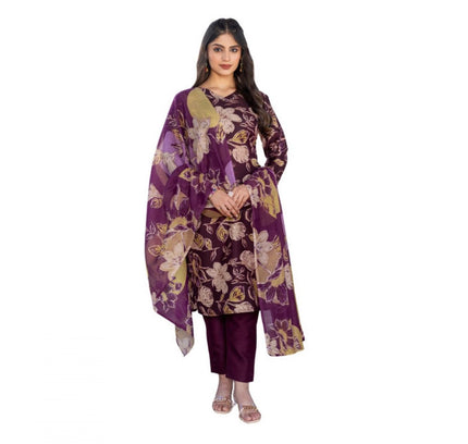 Women's Cotton Blend Printed Kurti With Pant Dupatta Set (Purple)