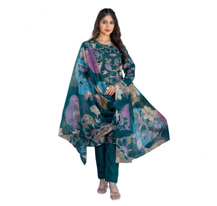 Women's Cotton Blend Printed Kurti With Pant Dupatta Set (Rama)
