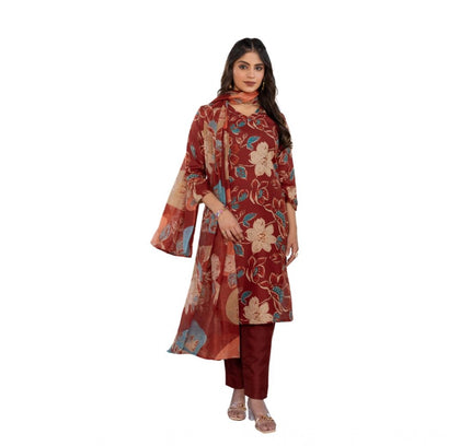Women's Cotton Blend Printed Kurti With Pant Dupatta Set (Rust)