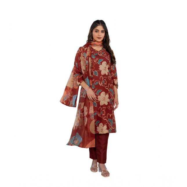 Women's Cotton Blend Printed Kurti With Pant Dupatta Set (Rust)