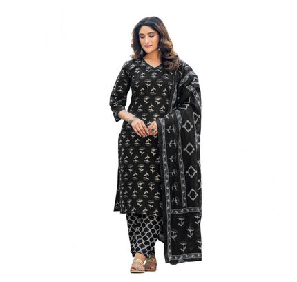 Women's Cotton Blend Printed Kurti With Pant Dupatta Set (Black)