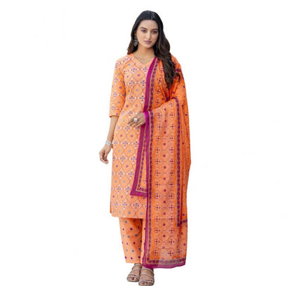 Women's Cotton Blend Printed Kurti With Pant Dupatta Set (Coral)