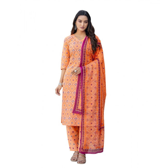Women's Cotton Blend Printed Kurti With Pant Dupatta Set (Coral)