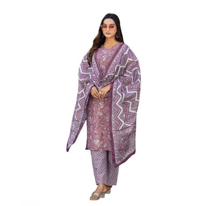Women's Cotton Blend Printed Kurti With Pant Dupatta Set (Lavender)