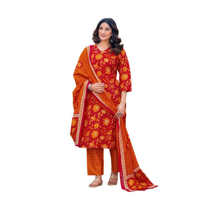 Women's Cotton Blend Printed Kurti With Pant Dupatta Set (Maroon)