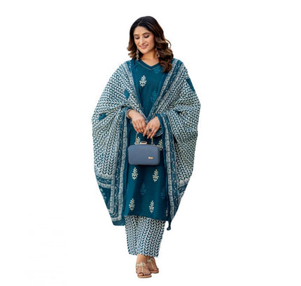 Women's Cotton Blend Printed Kurti With Pant Dupatta Set (Morpichh)