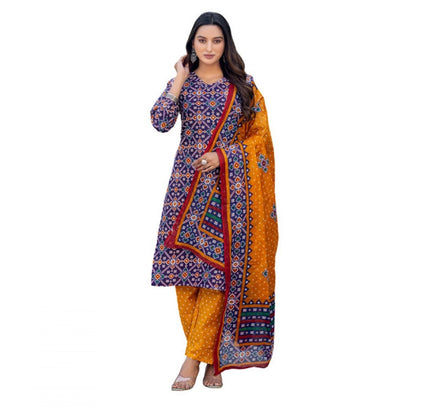 Women's Cotton Blend Printed Kurti With Pant Dupatta Set (Navy Blue)