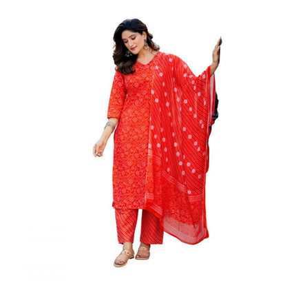 Women's Cotton Blend Printed Kurti With Pant Dupatta Set (Orange)