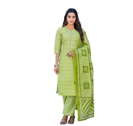 Women's Cotton Blend Printed Kurti With Pant Dupatta Set (Parrot)