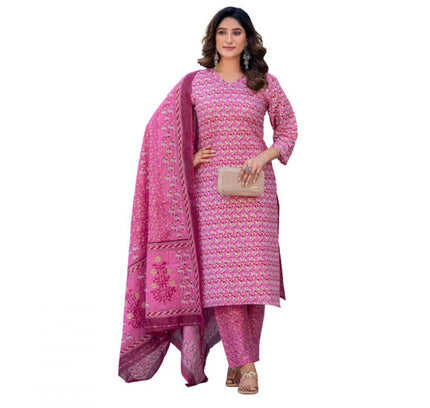 Women's Cotton Blend Printed Kurti With Pant Dupatta Set (Pink)
