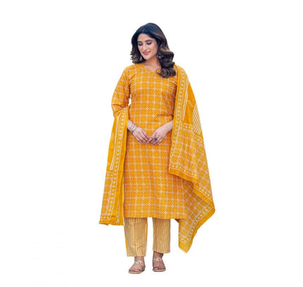 Women's Cotton Blend Printed Kurti With Pant Dupatta Set (Yellow)