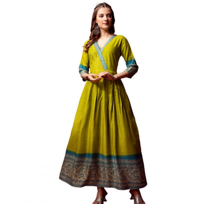 Women's Cotton Blend Printed Anarkali Gown (Green)