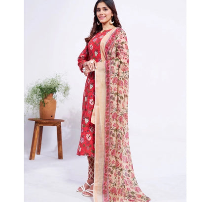 Women's Cotton Blend Printed Kurti With Pant Dupatta Set (Red)