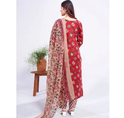 Women's Cotton Blend Printed Kurti With Pant Dupatta Set (Red)