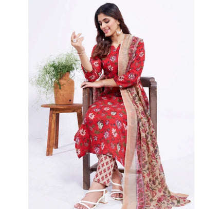 Women's Cotton Blend Printed Kurti With Pant Dupatta Set (Red)